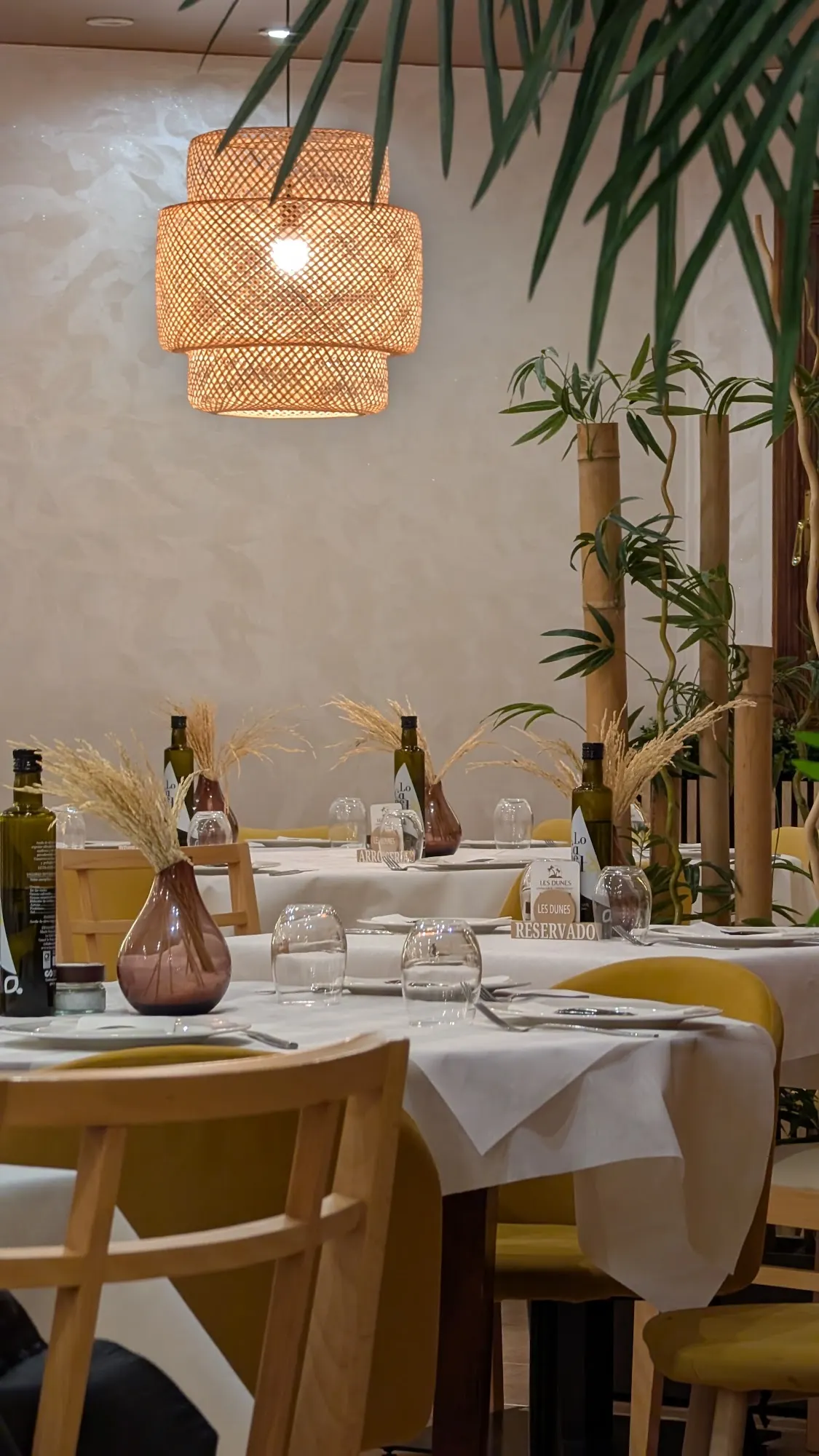 Mesas puestas bajo una lámpara de mimbre, con espigas secas y plantas de bambú en la sala